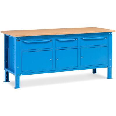 Banco da lavoro regolabile Fami WORK2012 200cm blu piano in legno, 3 armadi e 3 cassetti Banco da lavoro regolabile Fami WORK2012 200cm blu piano in legno, 3 armadi e 3 cassetti