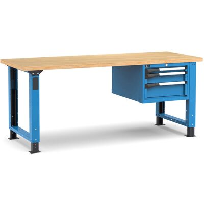Banco da lavoro regolabile Fami Master 200cm blu con piano in legno e 3 cassetti Banco da lavoro regolabile Fami Master 200cm blu con piano in legno e 3 cassetti