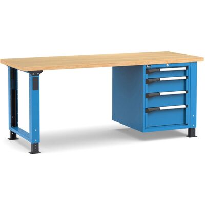 Banco da lavoro regolabile Fami Master 200cm blu con piano in legno e armadio a 4 cassetti Banco da lavoro regolabile Fami Master 200cm blu con piano in legno e armadio a 4 cassetti
