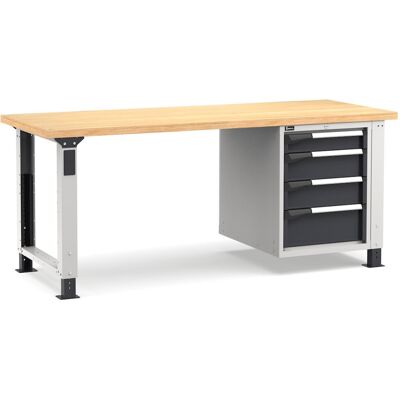 Banco da lavoro regolabile Fami Master 200cm grigio con piano in legno e armadio a 4 cassetti Banco da lavoro regolabile Fami Master 200cm grigio con piano in legno e armadio a 4 cassetti