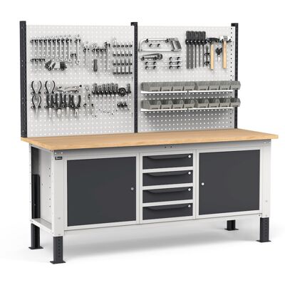 Banco da lavoro regolabile Fami WORK2035 200cm, piano legno, 4 cassetti, 2 armadi e parete forata Banco da lavoro regolabile Fami WORK2035 200cm, piano legno, 4 cassetti, 2 armadi e parete forata