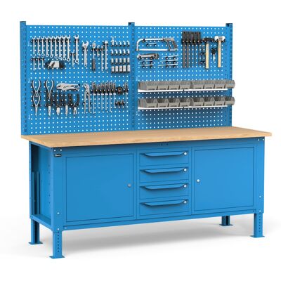 Banco da lavoro regolabile Fami WORK2041 200cm, piano legno, 4 cassetti, 2 armadi e parete forata Banco da lavoro regolabile Fami WORK2041 200cm, piano legno, 4 cassetti, 2 armadi e parete forata