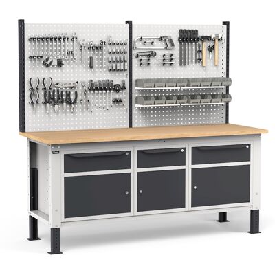 Banco da lavoro regolabile Fami WORK2034 200cm, piano legno, 3 cassetti, 3 armadi e parete forata Banco da lavoro regolabile Fami WORK2034 200cm, piano legno, 3 cassetti, 3 armadi e parete forata