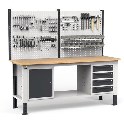 Banco da lavoro regolabile Fami WORK2032 200cm, piano legno, 4 cassetti, armadio e parete forata Banco da lavoro regolabile Fami WORK2032 200cm, piano legno, 4 cassetti, armadio e parete forata