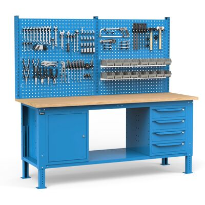 Banco da lavoro regolabile Fami WORK2038 200cm, piano legno, 4 cassetti, armadio e parete forata Banco da lavoro regolabile Fami WORK2038 200cm, piano legno, 4 cassetti, armadio e parete forata