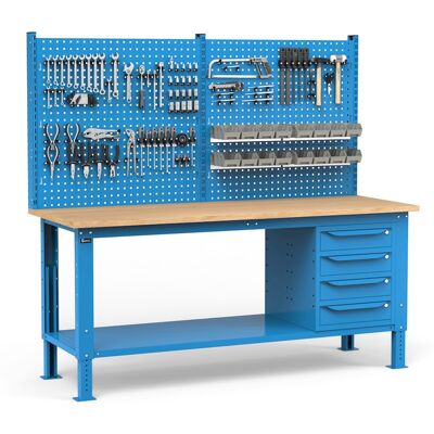 Banco da lavoro regolabile Fami WORK2037 200cm, piano in legno, 4 cassetti e parete forata Banco da lavoro regolabile Fami WORK2037 200cm, piano in legno, 4 cassetti e parete forata