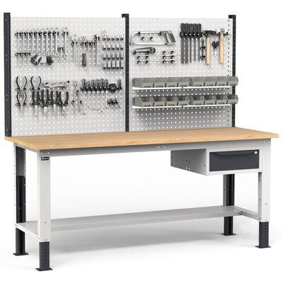 Banco da lavoro regolabile Fami WORK2030 200cm, piano in legno, cassetto e parete forata Banco da lavoro regolabile Fami WORK2030 200cm, piano in legno, cassetto e parete forata
