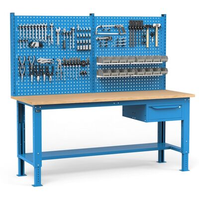 Banco da lavoro regolabile Fami WORK2036 200cm, piano in legno, cassetto e parete forata Banco da lavoro regolabile Fami WORK2036 200cm, piano in legno, cassetto e parete forata