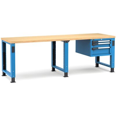 Banco da lavoro regolabile Fami Master 250cm blu con piano in legno e 3 cassetti Banco da lavoro regolabile Fami Master 250cm blu con piano in legno e 3 cassetti
