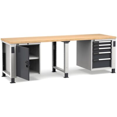 Banco da lavoro regolabile Fami Master 250cm grigio con piano in legno, porta e 5 cassetti Banco da lavoro regolabile Fami Master 250cm grigio con piano in legno, porta e 5 cassetti