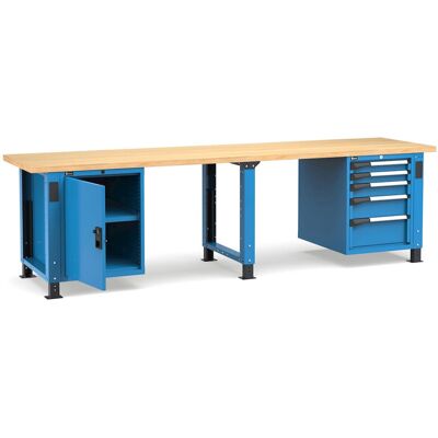 Banco da lavoro regolabile Fami Master 300cm blu con piano in legno, porta e 5 cassetti Banco da lavoro regolabile Fami Master 300cm blu con piano in legno, porta e 5 cassetti