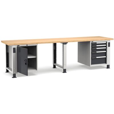 Banco da lavoro regolabile Fami Master 300cm grigio con piano in legno, porta e 5 cassetti Banco da lavoro regolabile Fami Master 300cm grigio con piano in legno, porta e 5 cassetti