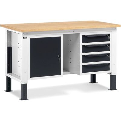 Banco da lavoro regolabile Fami WORK1505 150cm, piano in legno, armadio e 4 cassetti Banco da lavoro regolabile Fami WORK1505 150cm, piano in legno, armadio e 4 cassetti