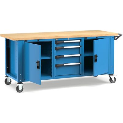 Banco da lavoro regolabile Fami Master 200cm blu con ruote, 2 armadi e 4 cassetti Banco da lavoro regolabile Fami Master 200cm blu con ruote, 2 armadi e 4 cassetti