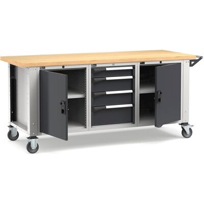 Banco da lavoro regolabile Fami Master 200cm grigio con ruote, 2 armadi e 4 cassetti Banco da lavoro regolabile Fami Master 200cm grigio con ruote, 2 armadi e 4 cassetti