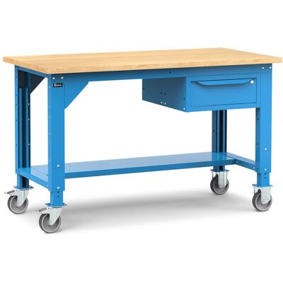 Banco da lavoro Fami Work 150cm blu con ruote, piano in legno e cassetto Banco da lavoro Fami Work 150cm blu con ruote, piano in legno e cassetto