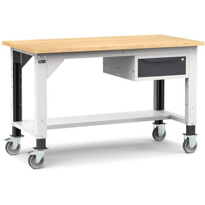 Banco da lavoro Fami Work 150cm grigio con ruote, piano in legno e cassetto Banco da lavoro Fami Work 150cm grigio con ruote, piano in legno e cassetto