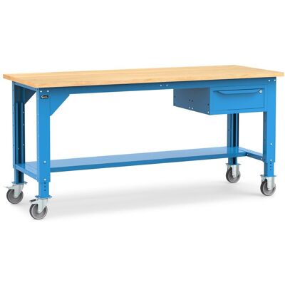 Banco da lavoro Fami Work 200cm blu con ruote, piano in legno e cassetto Banco da lavoro Fami Work 200cm blu con ruote, piano in legno e cassetto