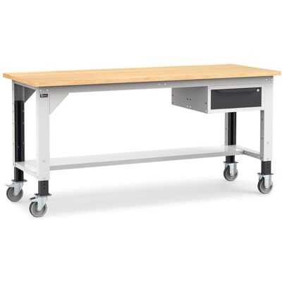 Banco da lavoro Fami Work 200cm grigio con ruote, piano in legno e cassetto Banco da lavoro Fami Work 200cm grigio con ruote, piano in legno e cassetto