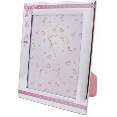 Argenteria MB Cornice Nascita Foto Cm 13 X 18 Decoro Fiocco Rosa E Ciucciotto Argenteria MB Cornice Nascita Foto Cm 13 X 18 Decoro Fiocco Rosa E Ciucciotto