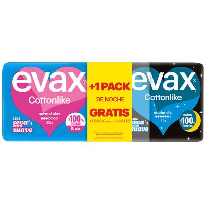 Evax Confezione di assorbenti Cottonlike con ali normali giorno 32 unità + ali notturne 11 unità Evax Confezione di assorbenti Cottonlike con ali normali giorno 32 unità + ali notturne 11 unità