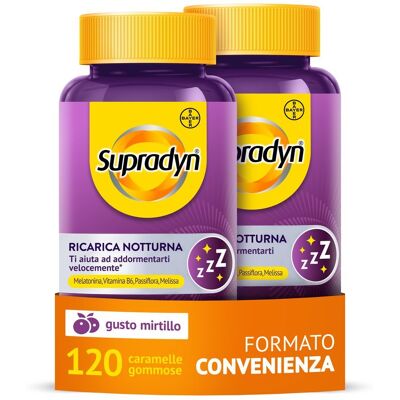 cm_main_brand_3455 Supradyn Ricarica Notturna, Melatonina Per Dormire, con Vitamina B6, Passiflora e Melissa - Forte 1mg Adulti 120 caramelle gommose mirtillo Risparmia il 10% codice: bayer0826 270 g Caramelle cm_main_brand_3455 Supradyn Ricarica Notturna, Melatonina Per Dormire, con Vitamina B6, Passiflora e Melissa - Forte 1mg Adulti 120 caramelle gommose mirtillo Risparmia il 10% codice: bayer0826 270 g Caramelle