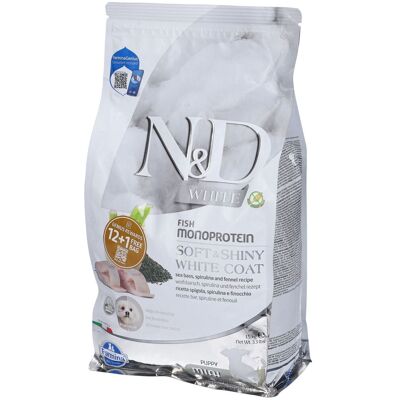 Farmina N&D White Fish Monoprotein Soft & Shiny Coat con Spigola Spirulina e Finocchio per Cani Puppy Mini 1500 g Mangime Farmina N&D White Fish Monoprotein Soft & Shiny Coat con Spigola Spirulina e Finocchio per Cani Puppy Mini 1500 g Mangime