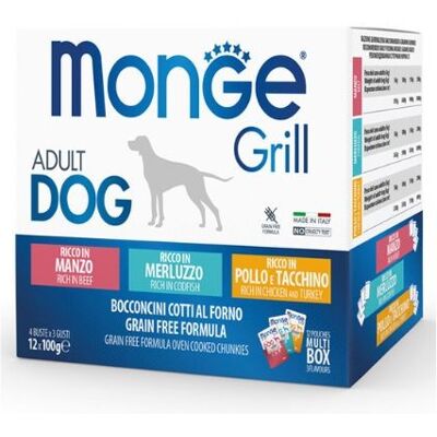 Monge Dog Grill Bocconcini in Jelly Adult Multipack - 12x100 gr con Pollo e Tacchino, Manzo, Merluzzo Monge Dog Grill Bocconcini in Jelly Adult Multipack - 12x100 gr con Pollo e Tacchino, Manzo, Merluzzo