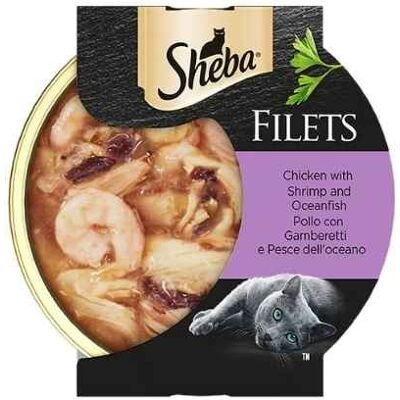 Sheba Filets per Gatti Pollo con Gamberetti e Pesce Oceanico Vaschetta 60g Sheba Filets per Gatti Pollo con Gamberetti e Pesce Oceanico Vaschetta 60g