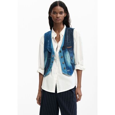 Desigual , gilet in denim patchwork, Cotone, Blu, XL BLUE XL Desigual , gilet in denim patchwork, Cotone, Blu, XL BLUE XL