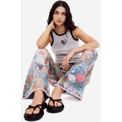 Desigual , Pantalone jeans flare stampato, Donna, Cotone, Blu, 42 BLUE 42 Desigual , Pantalone jeans flare stampato, Donna, Cotone, Blu, 42 BLUE 42