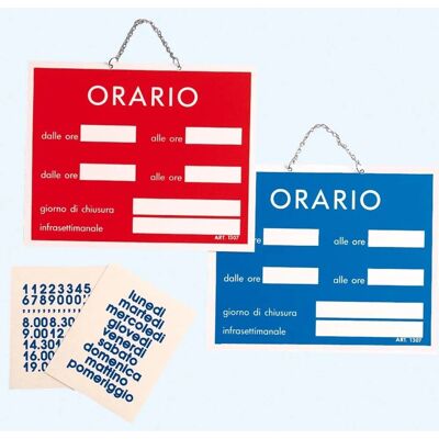 Targa di informazione con catenella "Orario di lavoro" 15 x 11 cm blu Targa di informazione con catenella "Orario di lavoro" 15 x 11 cm blu