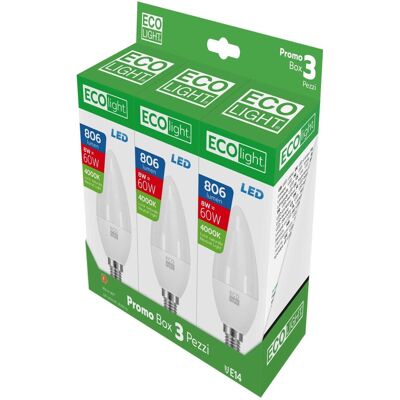 - Lampadina LED candela Ecolight 4000K 806 Lm 3 pz. - Lampadina LED candela Ecolight 4000K 806 Lm 3 pz.