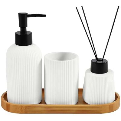 Compactor Set da appoggio in ceramica Riga con vassoio bambù bianco vaniglia Compactor Set da appoggio in ceramica Riga con vassoio bambù bianco vaniglia