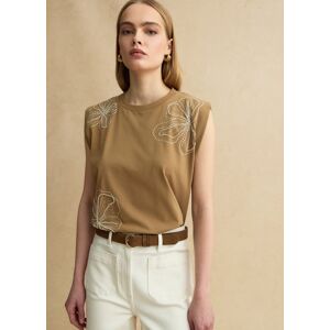 LES COPAINS, T-shirt Senza Maniche In Misto Cotone Marrone Regular Fit Con Ricami, Donna, Marrone, Taglia: S LES COPAINS, T-shirt Senza Maniche In Misto Cotone Marrone Regular Fit Con Ricami, Donna, Marrone, Taglia: S
