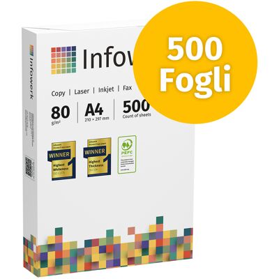 Infowerk Carta per stampanti Carta per copie 500 fogli 1 x 500 A4 Premium bianco brillante CIE 160 Certificato PEFC Infowerk Carta per stampanti Carta per copie 500 fogli 1 x 500 A4 Premium bianco brillante CIE 160 Certificato PEFC
