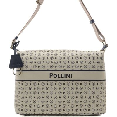Pollini borsa a spalla da donna con pattern logo all over e manico in nylon jacquard avorio blu Pollini borsa a spalla da donna con pattern logo all over e manico in nylon jacquard avorio blu
