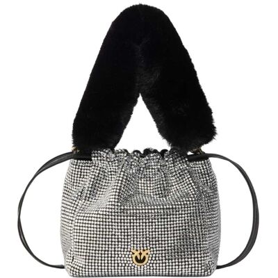 Pinko borsa secchiello a spalla full strass con tracolla effetto pelliccia Pinko borsa secchiello a spalla full strass con tracolla effetto pelliccia