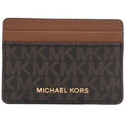 Michael Kors portacarte da donna in vera pelle con logo all over e logo lettering sul davanti marrone Michael Kors portacarte da donna in vera pelle con logo all over e logo lettering sul davanti marrone