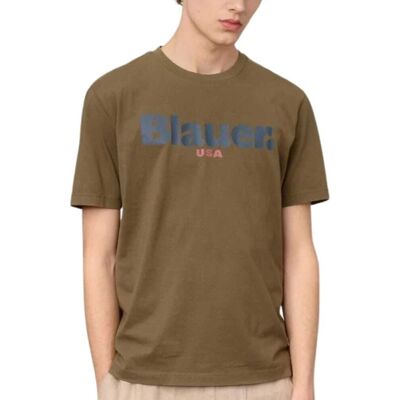 Blauer t-shirt da uomo ernst in cotone con maxi logo lettering a contrasto stampato sul davanti marrone Blauer t-shirt da uomo ernst in cotone con maxi logo lettering a contrasto stampato sul davanti marrone