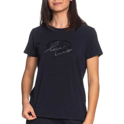Liu Jo t shirt da donna con logo monogram ton sur ton stampato sul davanti e strass blu scuro Liu Jo t shirt da donna con logo monogram ton sur ton stampato sul davanti e strass blu scuro