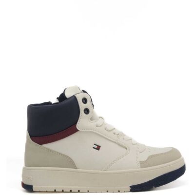 Tommy Hilfiger sneakers alte bianche e blu da bambino con lacci e logo Tommy Hilfiger sneakers alte bianche e blu da bambino con lacci e logo