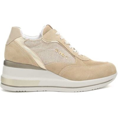 Nerogiardini sneakers da donna in suede con zip esterna e dettagli dorati beige Nerogiardini sneakers da donna in suede con zip esterna e dettagli dorati beige