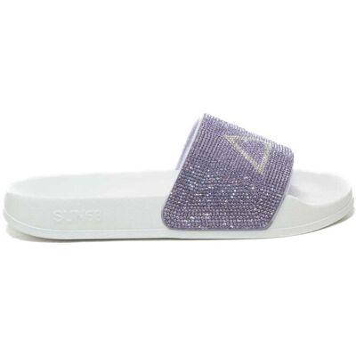 Sun68 slippers da donna con fascia frontale con strass all over e logo bianco lilla Sun68 slippers da donna con fascia frontale con strass all over e logo bianco lilla