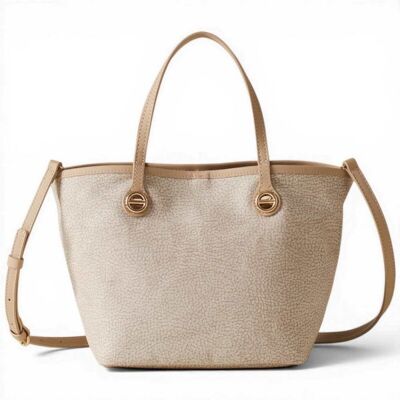 Borbonese Borsa Shopping Flight S Donna Sabbia con Tracolla in Tela Spalmata e Pelle Borbonese Borsa Shopping Flight S Donna Sabbia con Tracolla in Tela Spalmata e Pelle