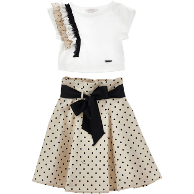 MONNALISA completo coordinato topo e gonna con stampa a pois bambina beige e nero MONNALISA completo coordinato topo e gonna con stampa a pois bambina beige e nero