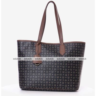 Borsa shopping Pollini Heritage donna nera dettagli marroni Borsa shopping Pollini Heritage donna nera dettagli marroni