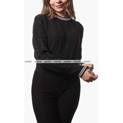 Maglione Tommy Hilfiger donna nero cropped in maglia intrecciata Maglione Tommy Hilfiger donna nero cropped in maglia intrecciata