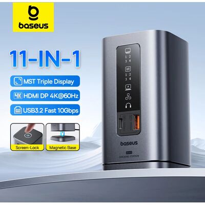 BASEUS 11-IN-1 USB C HUB HDMI DP 4K@60Hz MST Triplo Display USB 3.2 Splitter con RJ45 Microfono da 3,5 mm Docking station magnetica PD100W BASEUS 11-IN-1 USB C HUB HDMI DP 4K@60Hz MST Triplo Display USB 3.2 Splitter con RJ45 Microfono da 3,5 mm Docking station magnetica PD100W