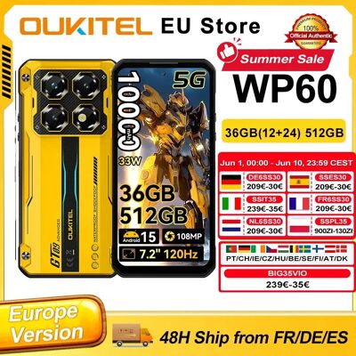 OUKITEL Smartphone WP60 con display HD+ da 7,2" e 120 Hz, 36 GB (12+24) di RAM, 512 GB di ROM, MTK 7025 5G, 10000 mAh, telefono robusto, 108 MP, Android 15, NFC OUKITEL Smartphone WP60 con display HD+ da 7,2" e 120 Hz, 36 GB (12+24) di RAM, 512 GB di ROM, MTK 7025 5G, 10000 mAh, telefono robusto, 108 MP, Android 15, NFC